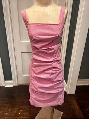 Classic Pink Square-Neck Ruched Dress